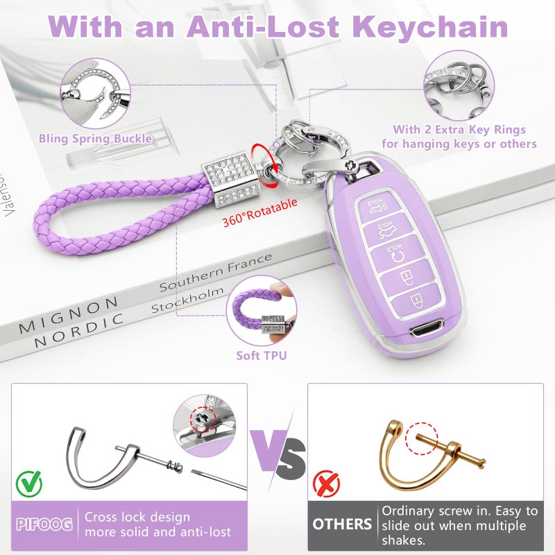 PIFOOG Elantra Key Fob Cover Fit for Hyundai 2023 2022 2021 Palisade 5 Button Car Keys Case Shell Protector Full Covers Bling Keychain Accessories Girly Women Cute TPU Purple - Image 5