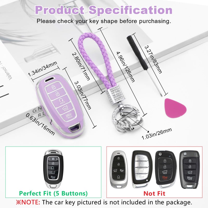 PIFOOG Elantra Key Fob Cover Fit for Hyundai 2023 2022 2021 Palisade 5 Button Car Keys Case Shell Protector Full Covers Bling Keychain Accessories Girly Women Cute TPU Purple - Image 2