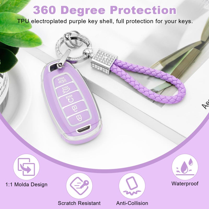 PIFOOG Elantra Key Fob Cover Fit for Hyundai 2023 2022 2021 Palisade 5 Button Car Keys Case Shell Protector Full Covers Bling Keychain Accessories Girly Women Cute TPU Purple - Image 3
