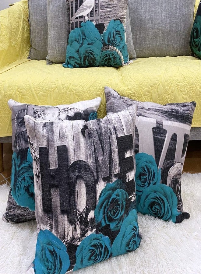 YOOOAHU Turquoise Throw Pillow Covers 18x18 Set of 4 Farmhouse Grey Teal Pillow Cover for Couch Outdoor Patio Furniture Decorative Linen Cotton Rose Flower Cushion Case Bed Sofa Living Room Home Decorations - Image 2