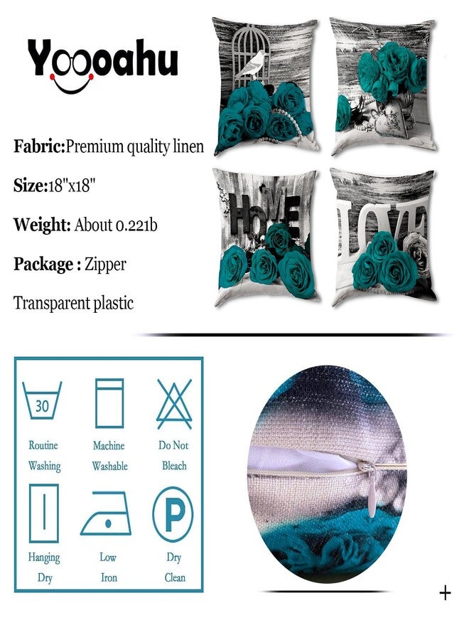 YOOOAHU Turquoise Throw Pillow Covers 18x18 Set of 4 Farmhouse Grey Teal Pillow Cover for Couch Outdoor Patio Furniture Decorative Linen Cotton Rose Flower Cushion Case Bed Sofa Living Room Home Decorations - Image 5