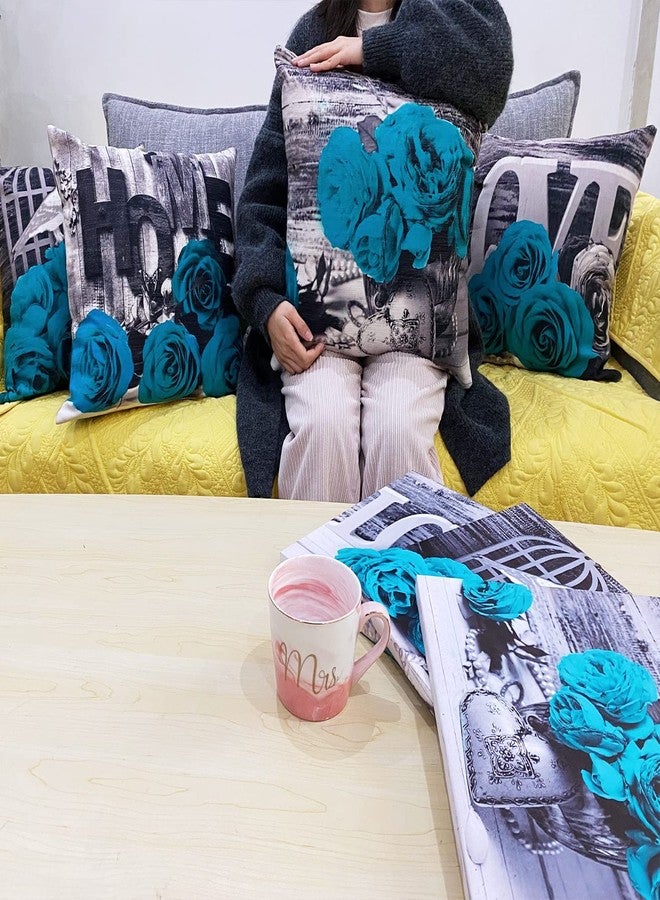 YOOOAHU Turquoise Throw Pillow Covers 18x18 Set of 4 Farmhouse Grey Teal Pillow Cover for Couch Outdoor Patio Furniture Decorative Linen Cotton Rose Flower Cushion Case Bed Sofa Living Room Home Decorations - Image 3