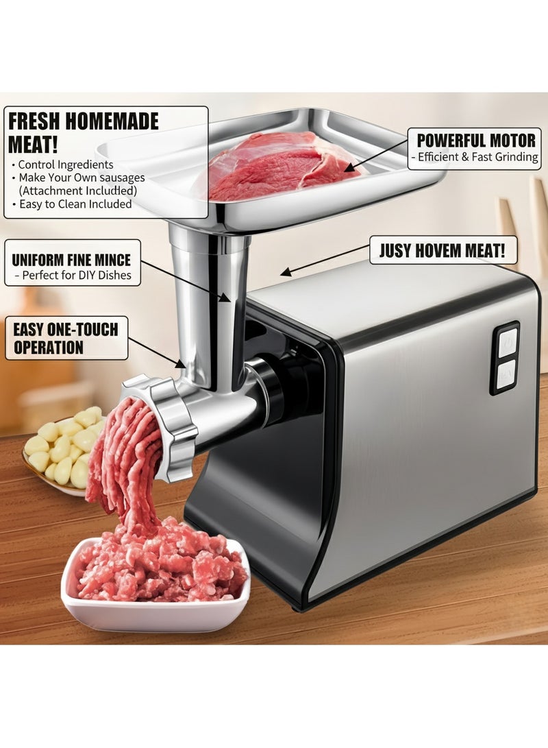 ET-LIFE Electric Meat Grinder, 1000W, Stainless Steel Food Grinder High Volume Mincer, Sausage Stuffer Tube for Home Kitchen Use, Grinding Meat, Fish, Vegetable, Sausage Maker Silver - Image 2