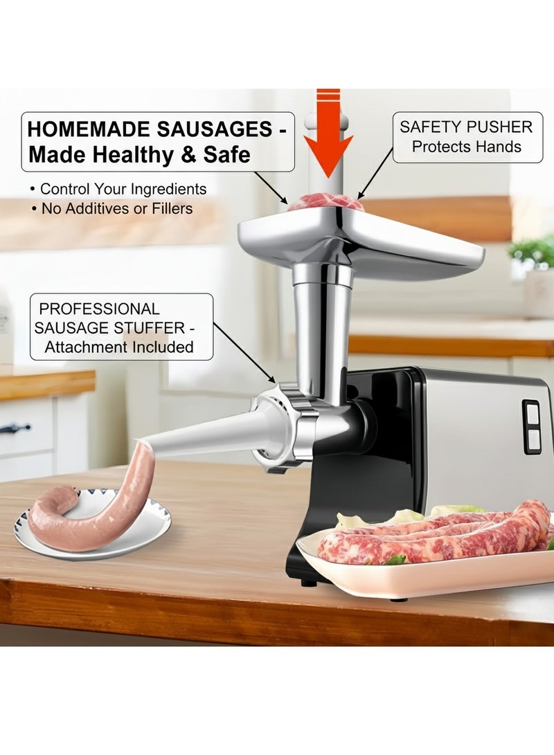 ET-LIFE Electric Meat Grinder, 1000W, Stainless Steel Food Grinder High Volume Mincer, Sausage Stuffer Tube for Home Kitchen Use, Grinding Meat, Fish, Vegetable, Sausage Maker Silver - Image 3