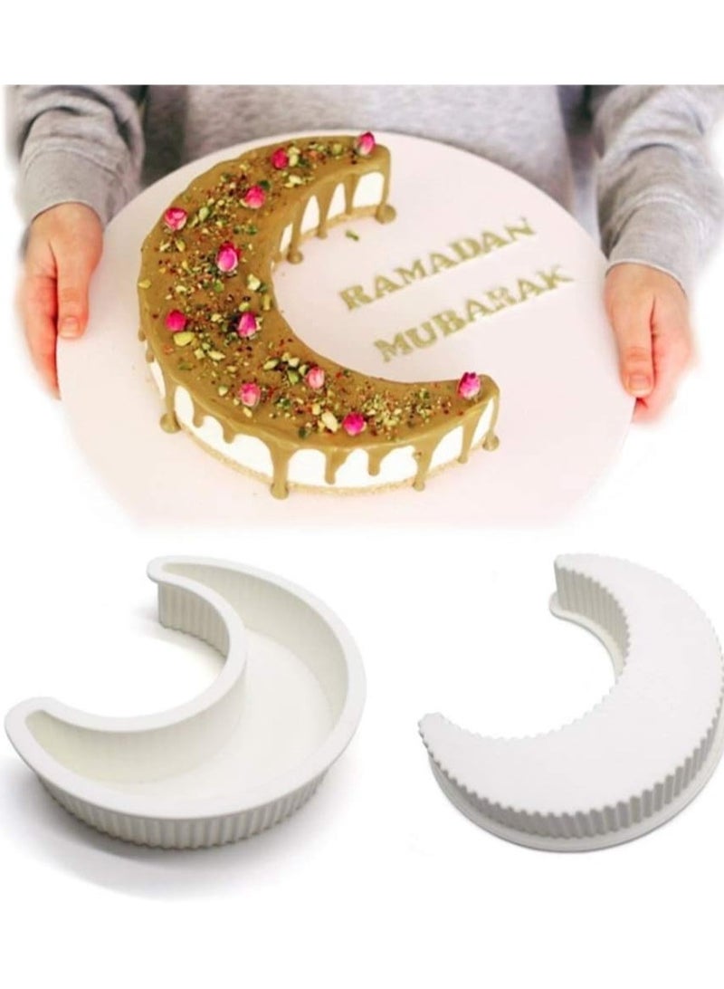 2Pcs Ramadan Decorations 3D Moon Shape Silicone Cake Mold Large Moon Crescent Mousse Cake Pan Bread Pizza Baking Molds for Eid Mubarak Islamic Muslim Party - Image 1