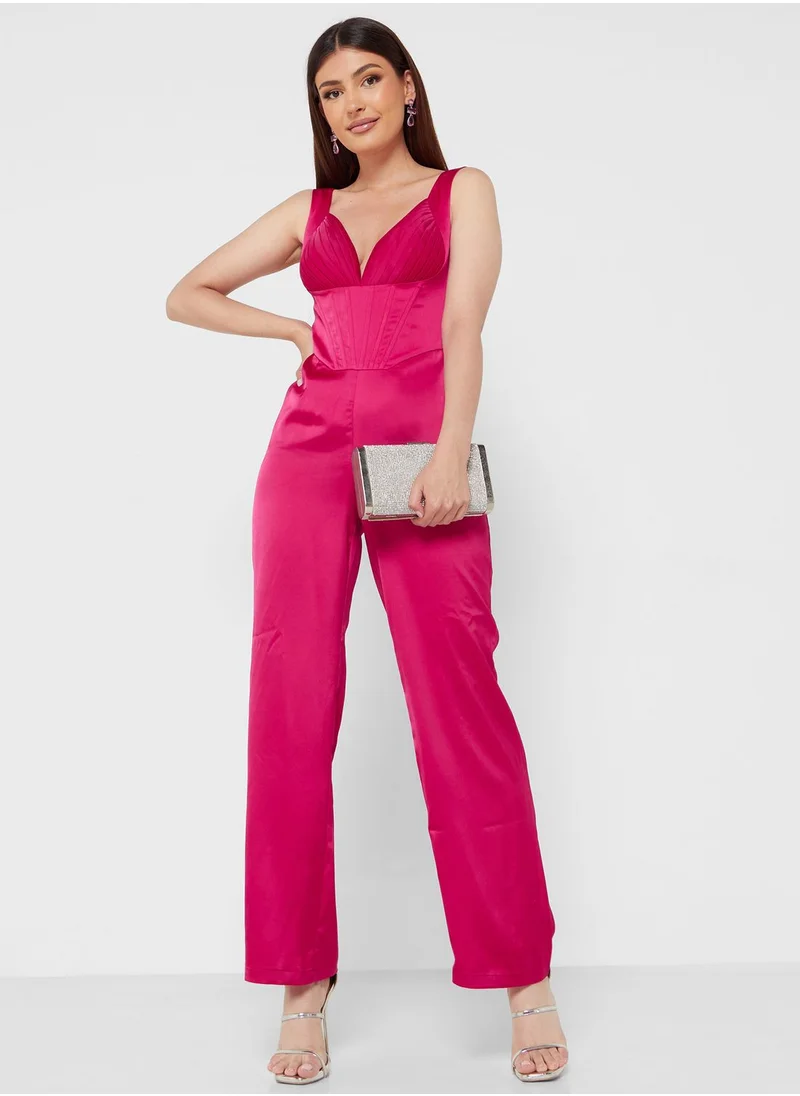 Chi Chi London Petite Ribbed Plunge Neck Jumpsuit