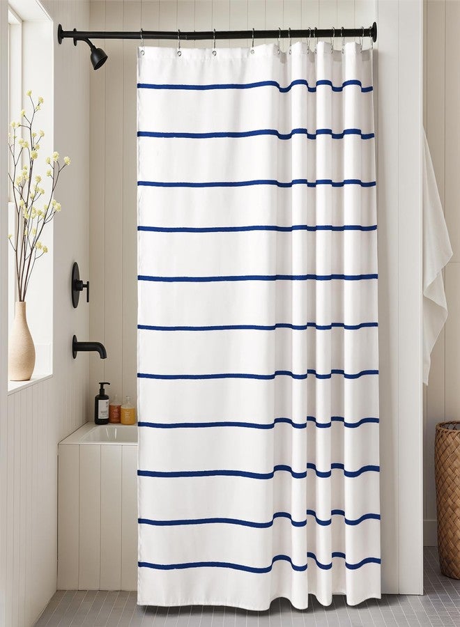 Treory Navy Blue and White Striped Shower Curtain Set with Hooks, Waterproof Polyester Fabric, Printed Hand-Drawn Stripe Design, Coastal Modern Farmhouse Bathroom Decor, 72" x 72" - Image 1