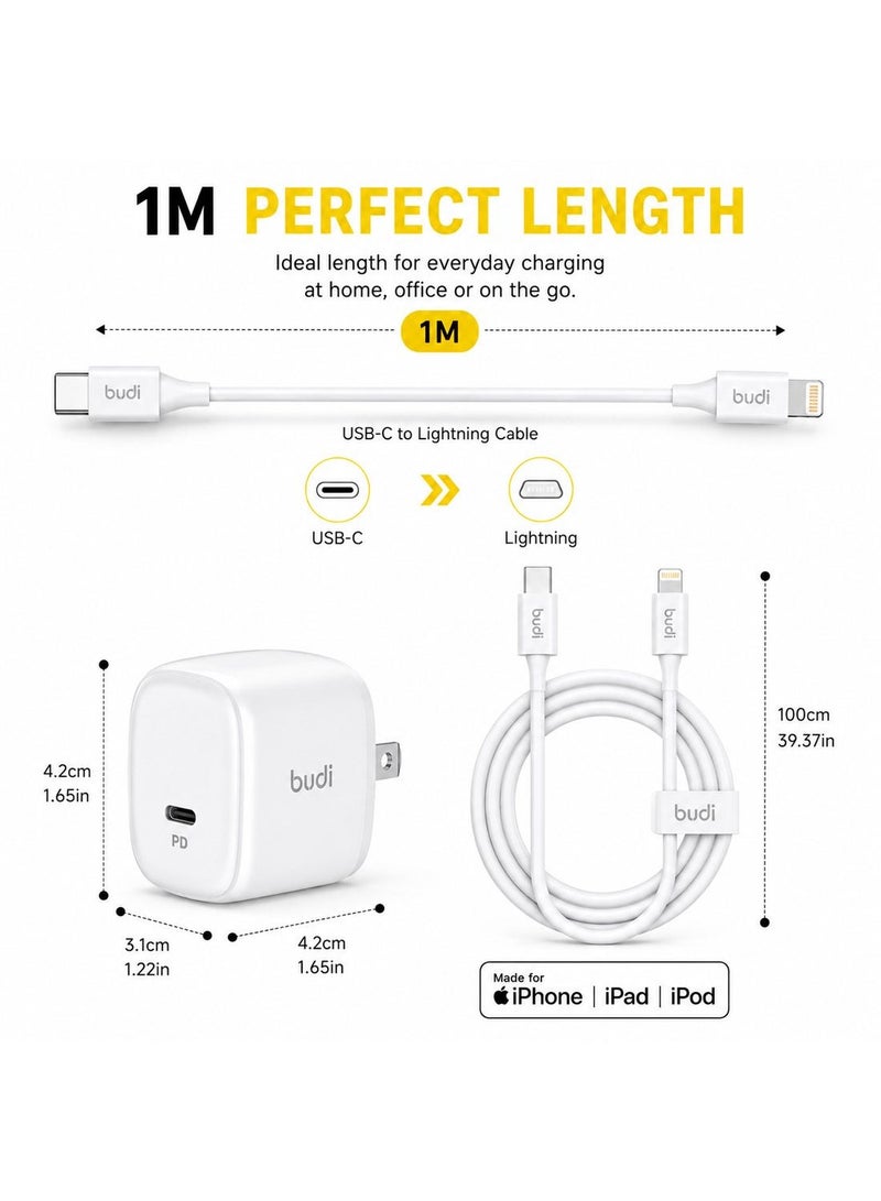 Budi (AC36C6UTT/1M) 20W PD Fast Charger USB-C Wall Adapter with 1M USB-C to Lightning Cable Fast Charging Power Adapter Charger - White - Image 3