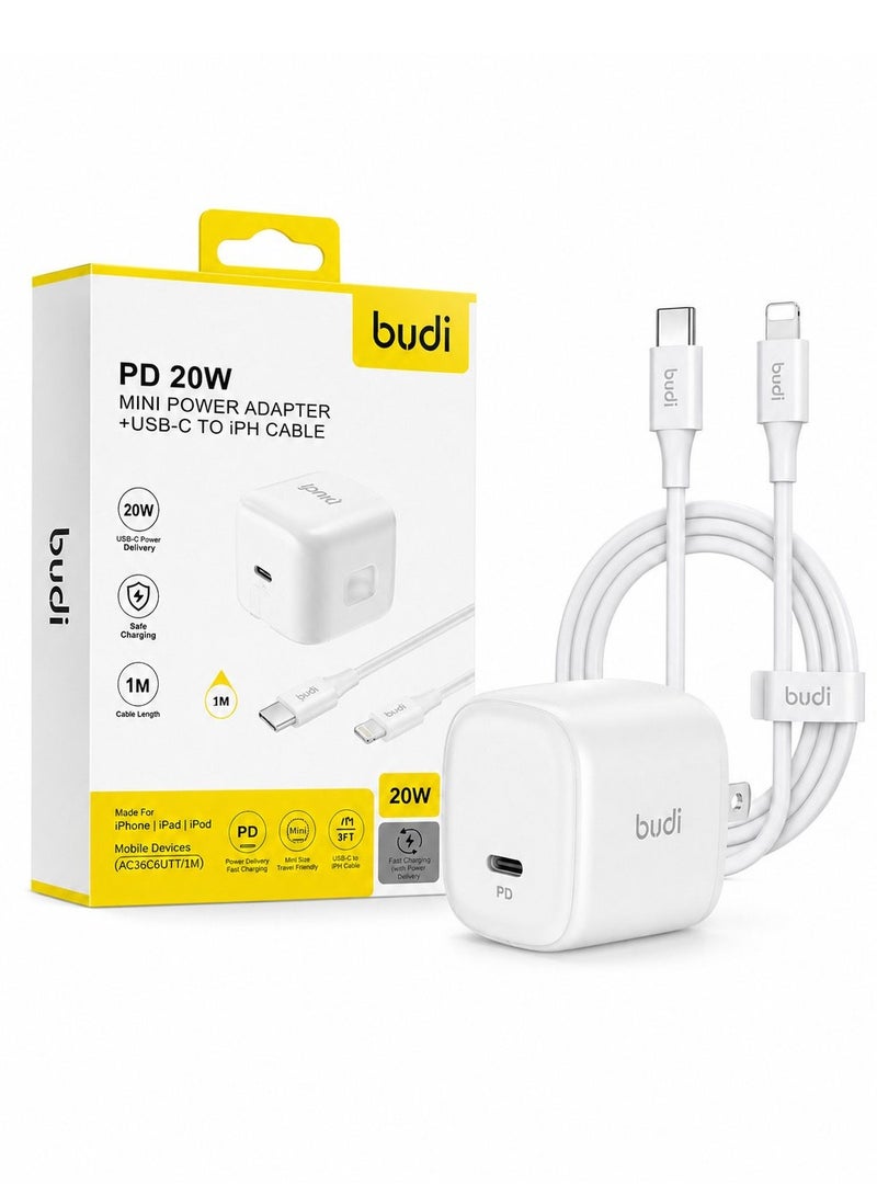Budi (AC36C6UTT/1M) 20W PD Fast Charger USB-C Wall Adapter with 1M USB-C to Lightning Cable Fast Charging Power Adapter Charger - White - Image 1