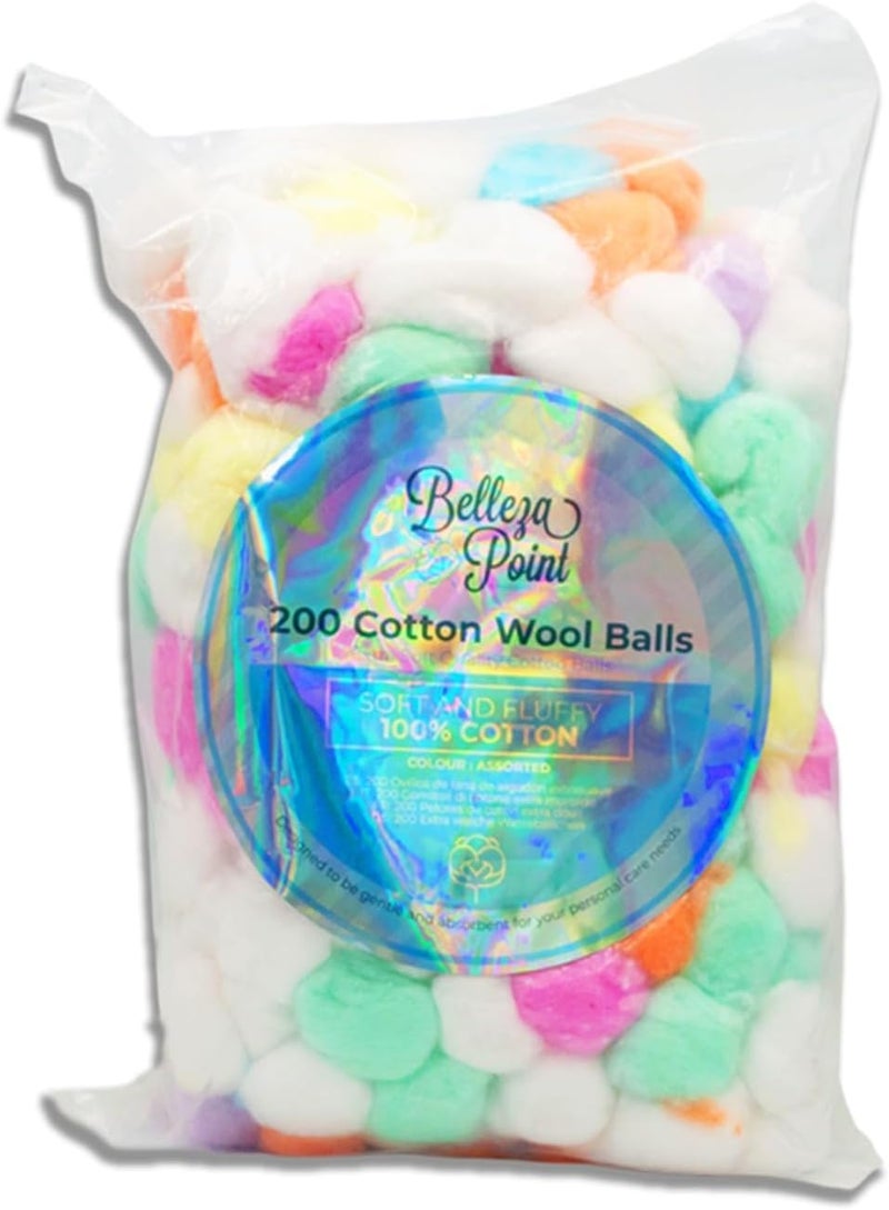 Belleza Point 100 Assorted Pure Cotton Wool Balls Super Soft Pack of 200