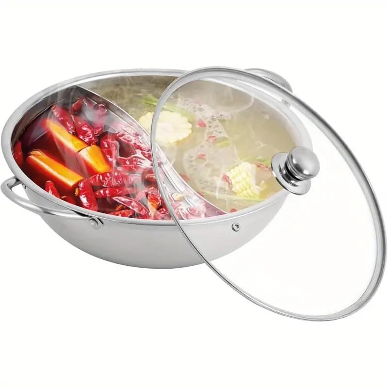 Delavala 304 Stainless Steel Hot Pot with Divider Pot with Glass Lid Food Grade Steel Hot Pot with Divider and Glass Lid Perfect for Shabu Shabu MultiPurpose Steel Cooking Pot - Image 1