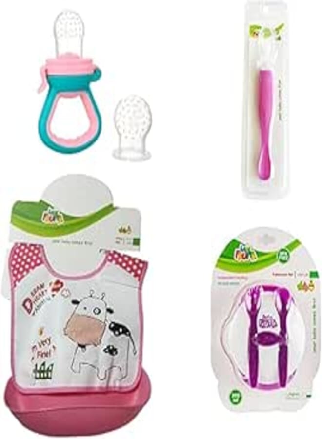 La Frutta baby food set (fruit feeder & silicone spoon & PVC bib with pocket + baby Bowl with plastic fork & spoon)