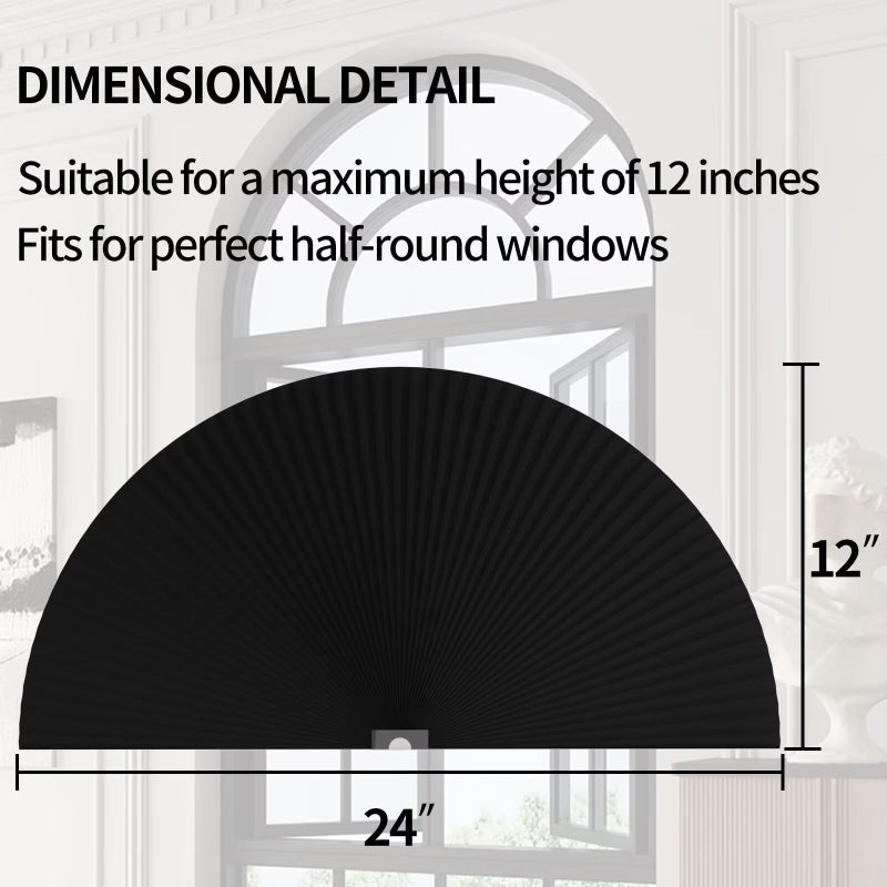 Myshade Arch Window Shades Half Circle Blackout Cellular Shades Cordless No Drill Blinds for Windows Half Moon Honeycomb Fabric No Tools Room Darkening Shades Easy Install (1PCS Black 24" W X 12" H) - Image 3