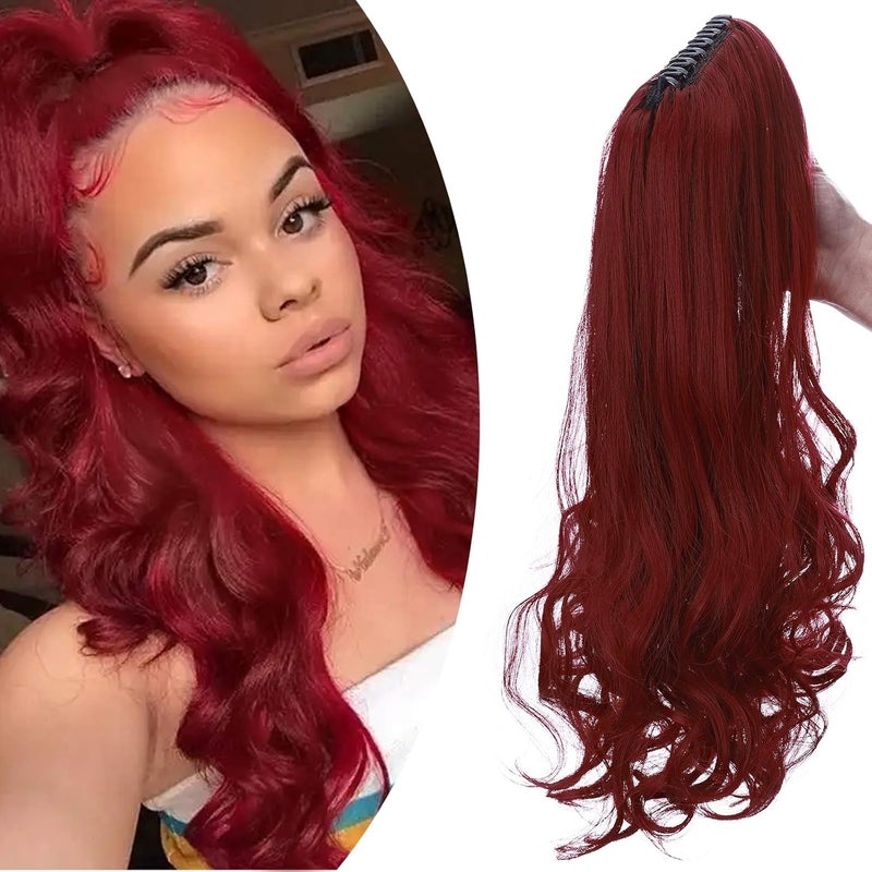 Long Straight Claw On Ponytail Extensions Soft Curly Wavy Ponytail Hairpieces Synthetic For Women Ladies 18 Inch Maroon Mix Dark Red