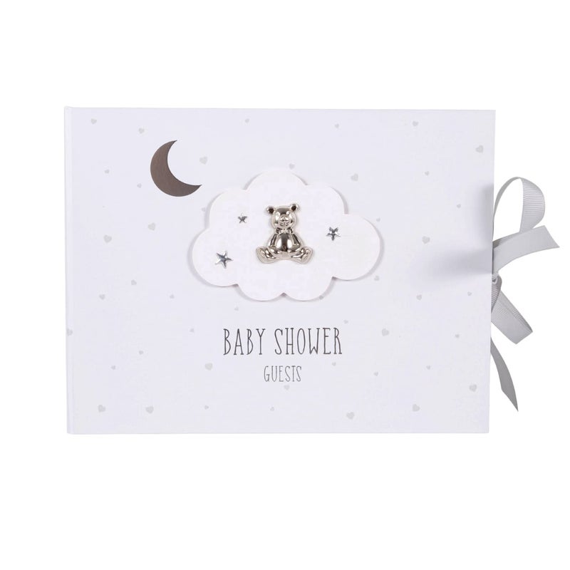 Happy Homewares Happy Homewares Beautiful Ivory White Baby Shower Guest Book with Silver Plated Teddy Bear and Stars  40 Lined Sheets  Luxurious Grey Fabric Ribbon 