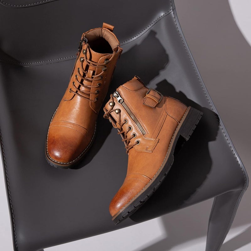 Vostey Men's Motorcycle Combat Ankle Boots - Yellow Brown - Image 5