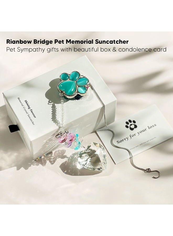 AMETHUARTZ Pet Memorial Suncatcher - Dog Memorial Gifts, Pet Loss Sympathy, Thoughtful Dogs and Cats Bereavement Remembrance Gifts, Natural Cat's Eye Paw Crystal Suncatcher(Peacock Blue) - Image 2