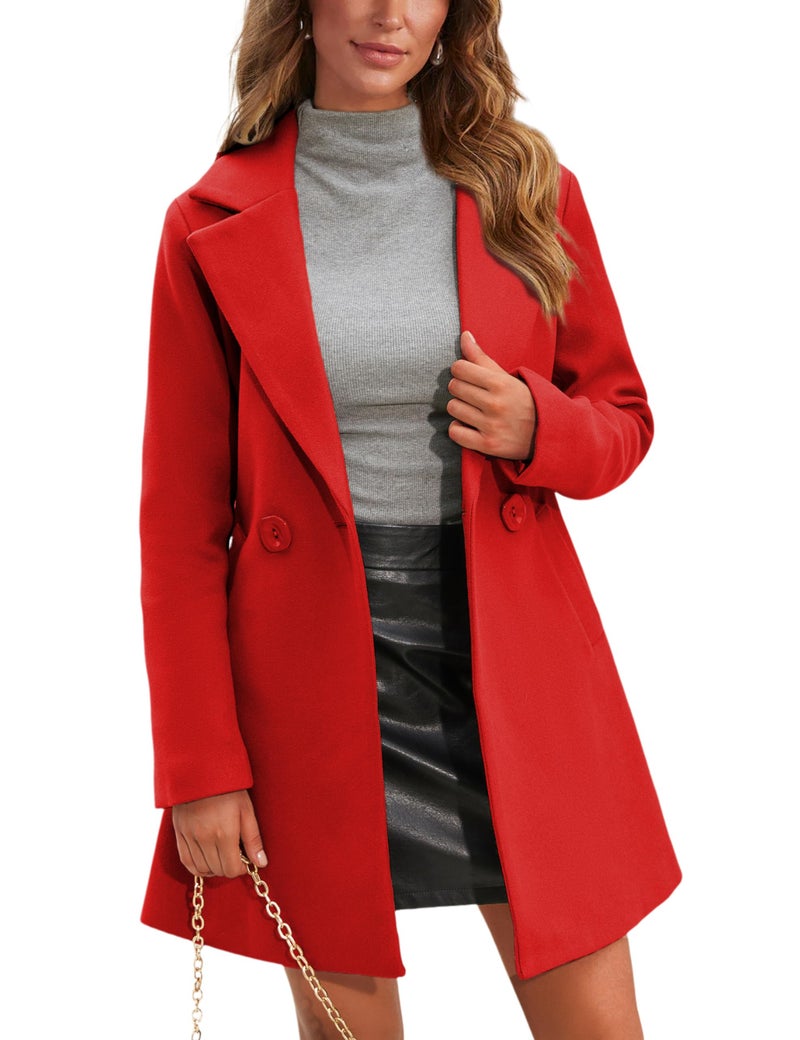Springrain Womens Wool Pea Coat Notched Collar Double Breasted Midi Long Trench Coat Outwear Red M