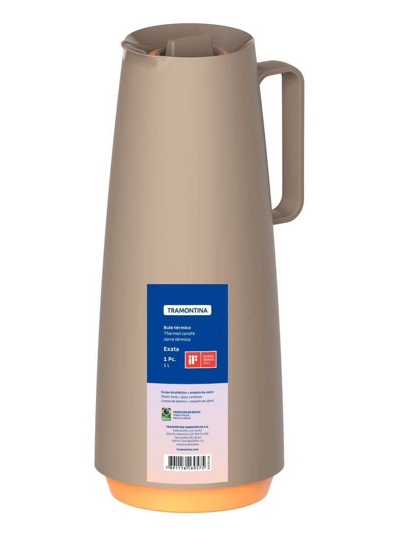 TRAMONTINA Since 1911,Made in Brazil- Exata Beige Plastic Thermal Flask with 1 Liter Glass Liner  - Image 2