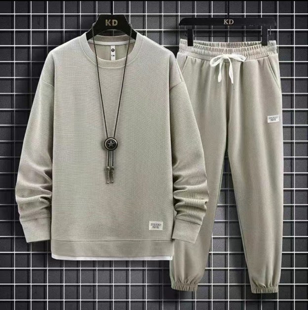 Loose Long Sleeve round Neck Sweatshirt Set Sporty Casual Pure Color Autumn Winter Fashion Hong Kong Style Knitted Polyester Set khakis]  - Image 1