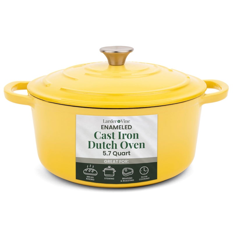 Larder & Vine Larder  Vine Enameled Cast Iron Dutch Oven  57qt Dutch Oven Pot with Lid  Dutch Oven for Bread Baking  Compatible on All Cooktops  Oven Safe to 500 F  Great for Sourdough Bread  Limoncello 