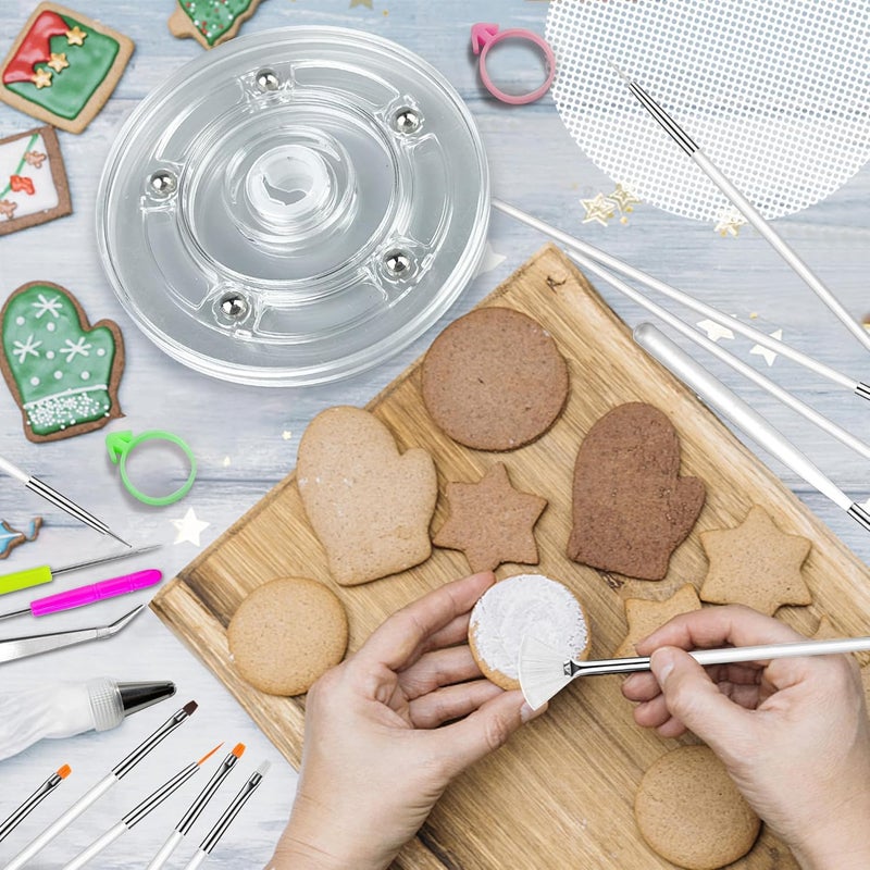 TOSPARTY 112 PCS Cookie Decorating Kit Supplies Including Acrylic Turntable Brushes Scribe Needle Bags Icing Bottle for Cookie Cupcake Cake Decoration - Image 4