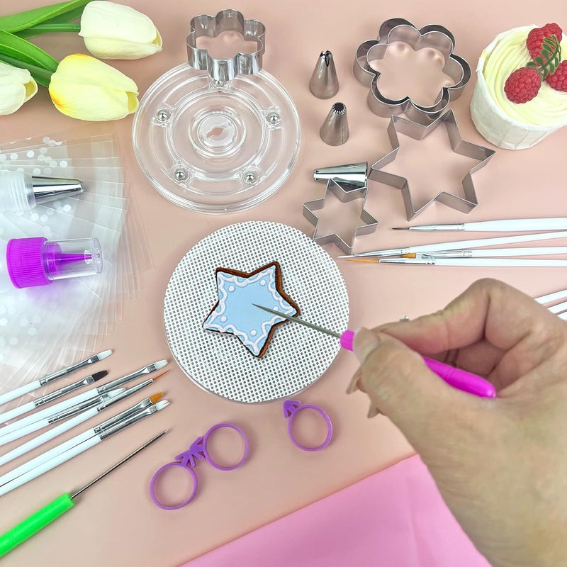 TOSPARTY 112 PCS Cookie Decorating Kit Supplies Including Acrylic Turntable Brushes Scribe Needle Bags Icing Bottle for Cookie Cupcake Cake Decoration - Image 5