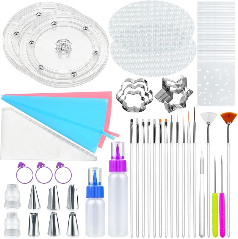 TOSPARTY 112 PCS Cookie Decorating Kit Supplies Including Acrylic Turntable Brushes Scribe Needle Bags Icing Bottle for Cookie Cupcake Cake Decoration - Image 1