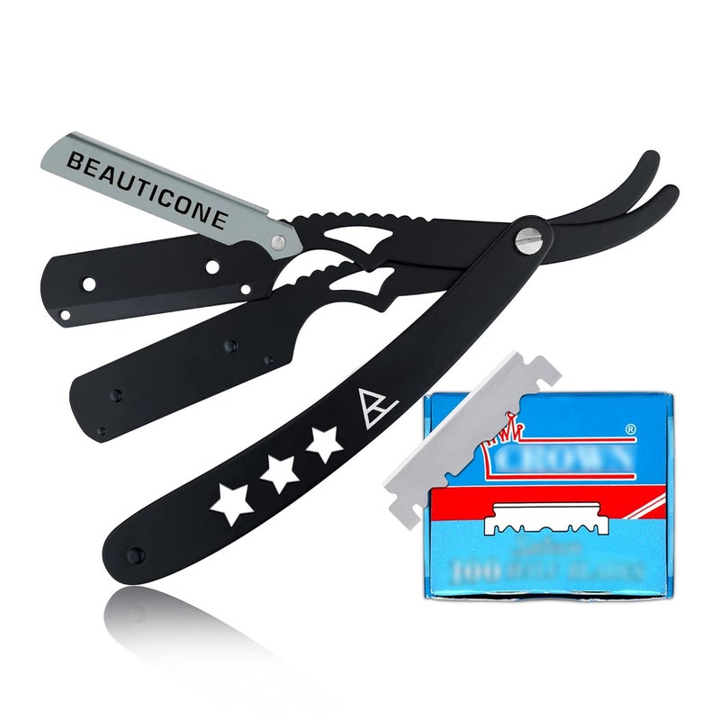 Beauticone Straight Edge Razor for Men Professional Straight Blade Mens Razors Barber Shaving Knife for Beard Single Edge Cutthroat Stainless Steel Razor SwingLock
