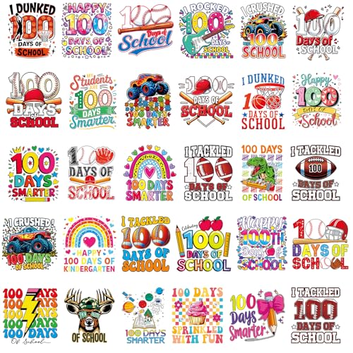 INCOK 100 Days of School Iron on Transfers - 30 Pcs DTF Transfers Ready to Press, DIY 100 Days of School Shirt Teacher Students, Rainbow Baseball Heat Vinyl Stickers for Clothes Hoodie Bag Jacket Sweatshirt - Image 1