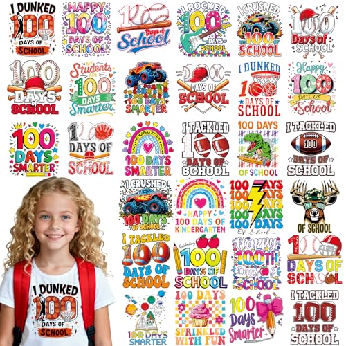INCOK 100 Days of School Iron on Transfers - 30 Pcs DTF Transfers Ready to Press, DIY 100 Days of School Shirt Teacher Students, Rainbow Baseball Heat Vinyl Stickers for Clothes Hoodie Bag Jacket Sweatshirt - Image 2