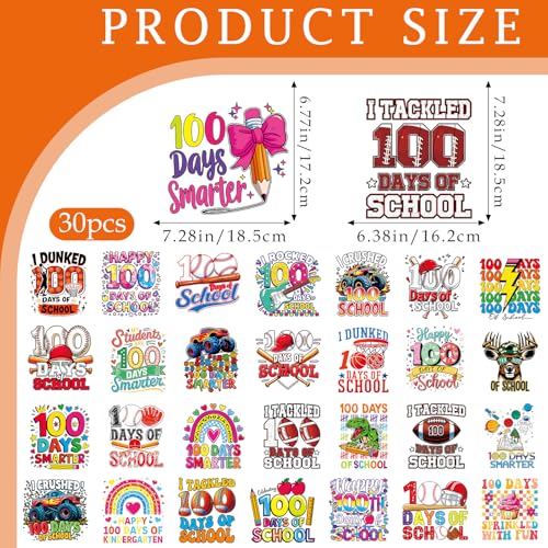 INCOK 100 Days of School Iron on Transfers - 30 Pcs DTF Transfers Ready to Press, DIY 100 Days of School Shirt Teacher Students, Rainbow Baseball Heat Vinyl Stickers for Clothes Hoodie Bag Jacket Sweatshirt - Image 5