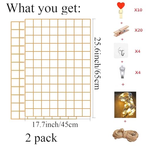 GBYAN 2 Pack Large Wall Grid Panels with Light and Clips, Photo Display Board, Picture Frame Collage Board, Wire Grid Wall Panel Room Decoration,Dark Gold - Image 3