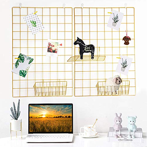 GBYAN 2 Pack Large Wall Grid Panels with Light and Clips, Photo Display Board, Picture Frame Collage Board, Wire Grid Wall Panel Room Decoration,Dark Gold - Image 5