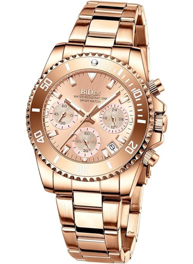 BIDEN Women Elegant Chronograph Rotatable Bezel Mineral Glass Luminous Watch Stainless Steel Waterproof Date Analog Quartz Watch Fashion Business Dress Wrist Watch - Image 1