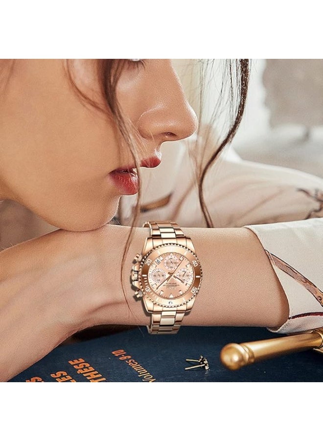 BIDEN Women Elegant Chronograph Rotatable Bezel Mineral Glass Luminous Watch Stainless Steel Waterproof Date Analog Quartz Watch Fashion Business Dress Wrist Watch - Image 3