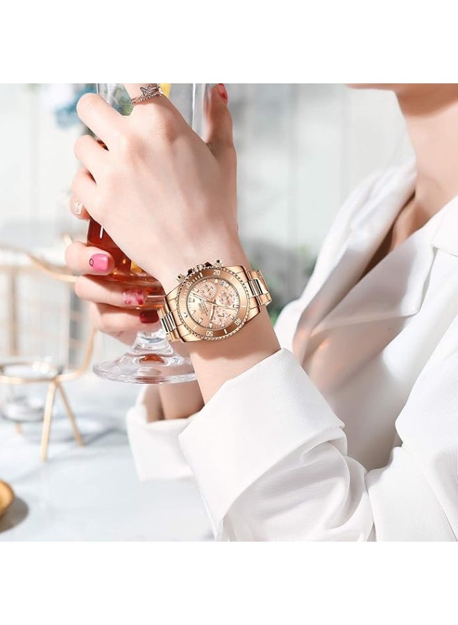 BIDEN Women Elegant Chronograph Rotatable Bezel Mineral Glass Luminous Watch Stainless Steel Waterproof Date Analog Quartz Watch Fashion Business Dress Wrist Watch - Image 4