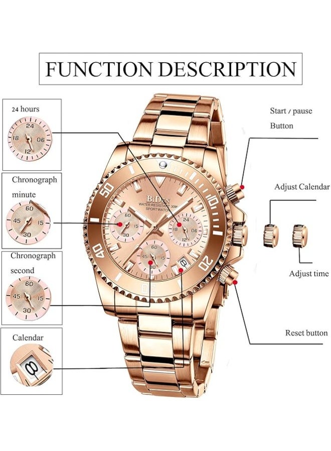 BIDEN Women Elegant Chronograph Rotatable Bezel Mineral Glass Luminous Watch Stainless Steel Waterproof Date Analog Quartz Watch Fashion Business Dress Wrist Watch - Image 5