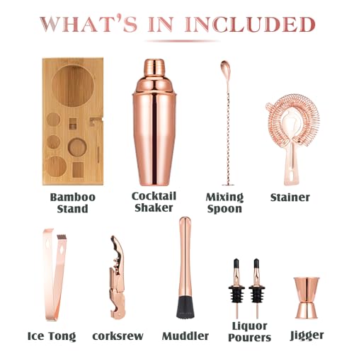 Semderm Rose Gold Cocktail Shaker Set Premium 188 Stainless Steel Mixology Bartender Kit with Stylish Bamboo Stand 10Piece Bar Tools Accessories for Home Decor Gift for Women Mom Wedding - Image 3