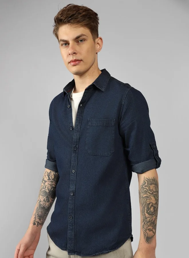دينيس لينغو Slim Fit Indigo Denim Shirt Regular Collar