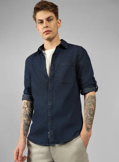 دينيس لينغو Slim Fit Indigo Denim Shirt Regular Collar