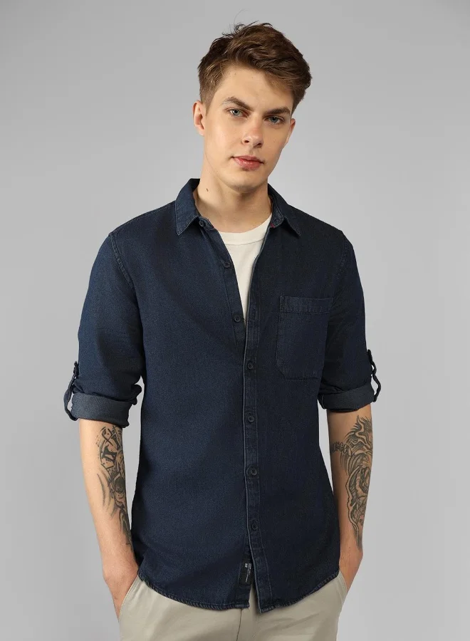 دينيس لينغو Slim Fit Indigo Denim Shirt Regular Collar