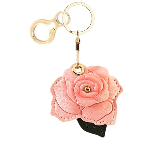 BORKUANA Leather Keychain Holder Case Compatible with AirTag,Cute Protective Cover with Keyring,Anti-Scratch Finder GPS Tracker Case for Wallet Keys,bag,pets(Rose C) - Image 1