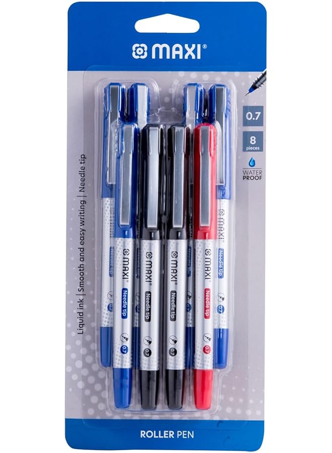 ماكسي قلم حبر جاف برأس إبرة مقاس 0.7 مم، عبوة من 8 قطع، 5 أزرق + 2 أسود + 1 أحمر - Image 1