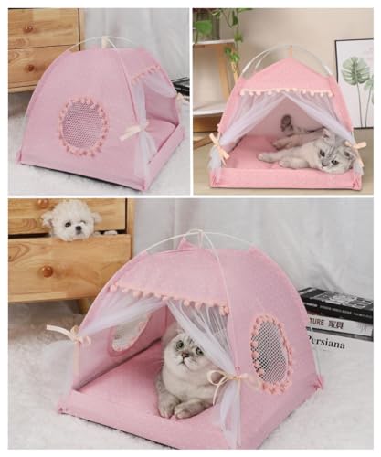 Selena Cat Bed Tents Dog House Indoor Outdoor Lace Mesh Breathable Windows Door Curtains Removable Portable Nest Teepe House SmallPinkFlower - Image 3