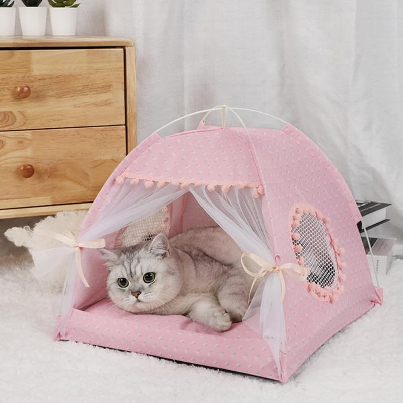Selena Cat Bed Tents Dog House Indoor Outdoor Lace Mesh Breathable Windows Door Curtains Removable Portable Nest Teepe House SmallPinkFlower - Image 2