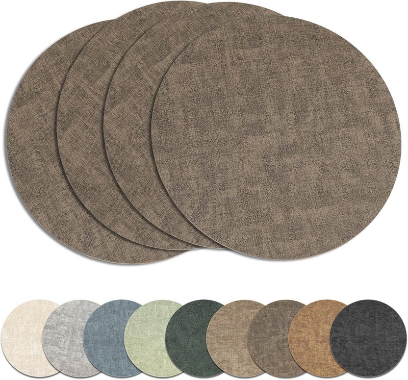 NCUE 13" Round Placemats Set of 4, Reversible Faux Leather Heat Resistant Table Mats, Waterproof Oilproof Wipeable Table Protective Placemats for Vinyl, Washable for Indoor & Outdoor Use (4, Dark Coffee) - Image 1
