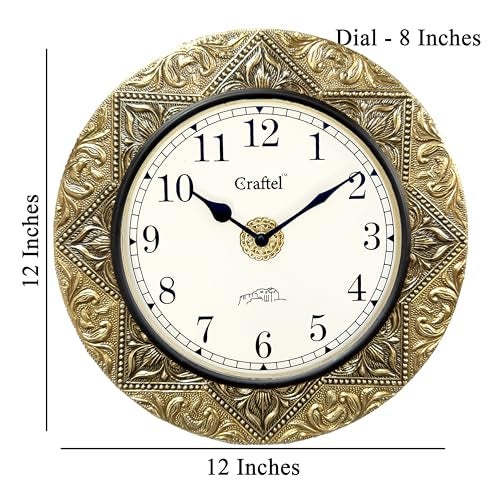 CRAFTEL Silent No Ticking Wall Clock Hand Engraved Brass Finish | Antique Vintage Design | Rajasthan Handcrafted Metal Body | Dial - 8 Inches, Antique Gold | 365 Days Warranty - Image 3