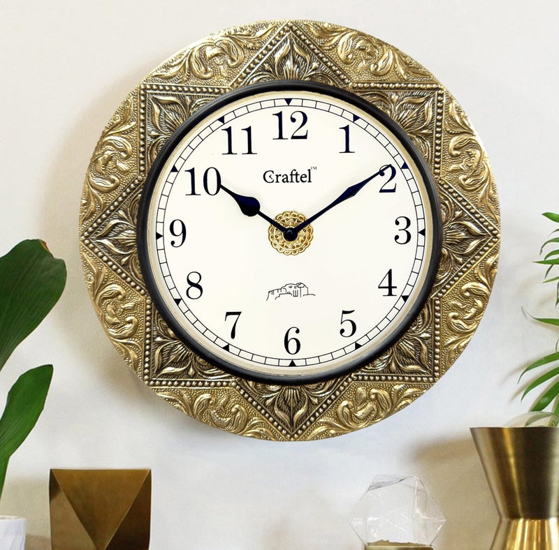CRAFTEL Silent No Ticking Wall Clock Hand Engraved Brass Finish | Antique Vintage Design | Rajasthan Handcrafted Metal Body | Dial - 8 Inches, Antique Gold | 365 Days Warranty - Image 4