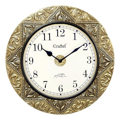 CRAFTEL Silent No Ticking Wall Clock Hand Engraved Brass Finish | Antique Vintage Design | Rajasthan Handcrafted Metal Body | Dial - 8 Inches, Antique Gold | 365 Days Warranty - Image 2